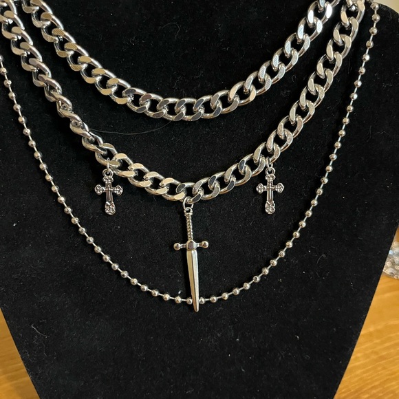Vintage 1980  gothic style 3 tier chain with 2 crosses and a sword 16 inches - Picture 2 of 9